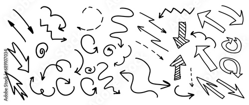 Vector Illustration: Extensive Set of Black Grunge Hand-Drawn Arrows. Isolated on White Background. Arrow Mark Icons. Collection of Simple doodle Arrows for a Distinctive and Stylish Touch. 