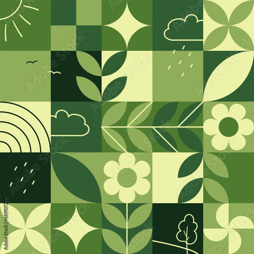 Seamless geometric natural green eco pattern with natural and plant elements.