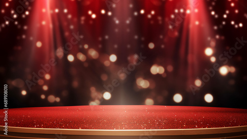 An empty stage with a sparkling red background and soft bokeh lights, ready for a performance, evoking anticipation and excitement.