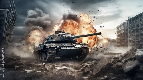 War Concept. Military silhouettes, fighting scene on war fog, Attack scene. Armored vehicles. Tanks battle. Tanks in the fire. Military silhouettes, Tanks destroyed by war.