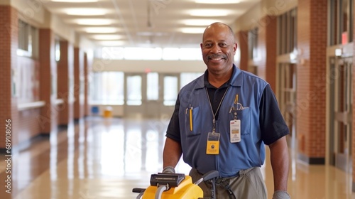 Friendly School Janitor with Cleaning Equipment in Hallway. photo