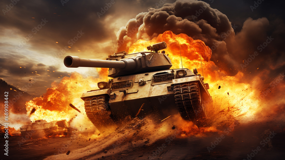 War Concept. Military silhouettes, fighting scene on war fog, Attack scene. Armored vehicles. Tanks battle.
Tanks in the fire. 
Military silhouettes,  
Tanks destroyed by war.