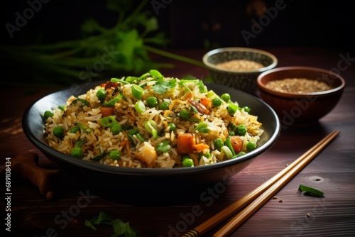 A tantalizing image of a bowl of homemade Asian fried rice, perfectly garnished and served with a warm cup of green tea