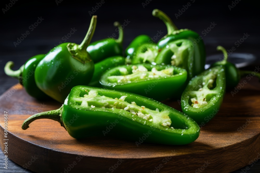 A detailed image of fresh jalapenos, some sliced open, showcasing their spicy seeds on a vintage wooden surface A detailed image of fresh jalapenos, some sliced open, showcasing their spicy seeds on a vintage wooden surface