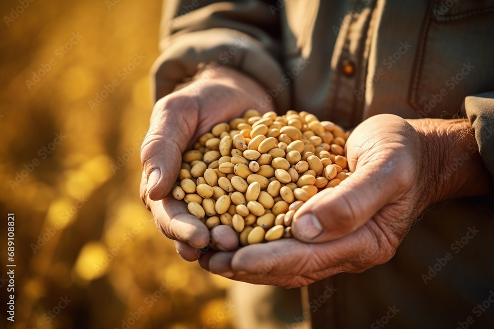 Farmer hands holding ripe soya bean seed Farmer hands holding ripe soya bean seed