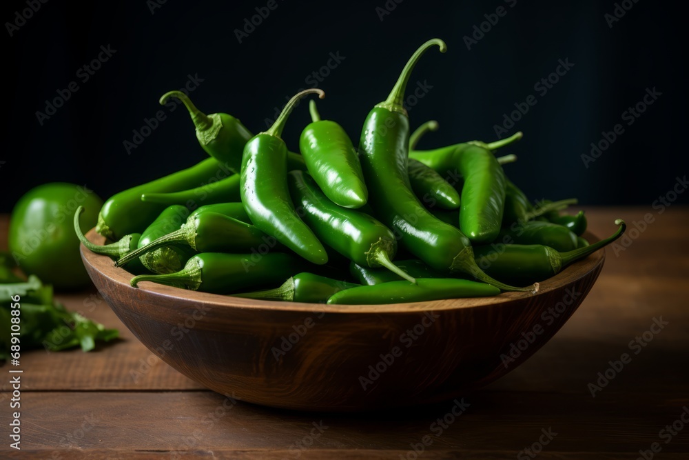A rustic presentation of fresh jalapeno peppers nestled in a wooden bowl on a barn wood table A rustic presentation of fresh jalapeno peppers nestled in a wooden bowl on a barn wood table