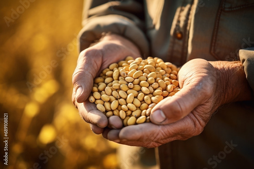Farmer hands holding ripe soya bean seed