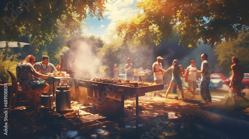 Group of friends grilling sausages on barbecue grill at summer party. Young people grilling sausages. Food, people and family time concept - man cooking meat on barbecue grill at summer garden party © Nadezhda