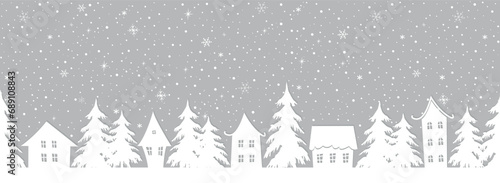 Christmas village. Winter background. Seamless border. Fairy tale winter landscape. White houses, fir trees, snowflakes on gray background. Vector illustration