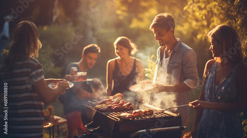 Group of friends grilling sausages on barbecue grill at summer party. Young people grilling sausages. Food, people and family time concept - man cooking meat on barbecue grill at summer garden party photo