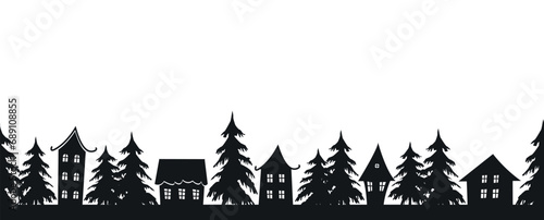 Christmas village. Seamless border. Stencil. Winter background. Black houses silhouettes, fir trees on white background. Vector illustration