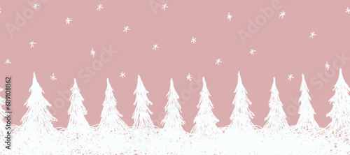 Christmas background. Winter seamless border. Silhouettes of white fir trees on pink background. Vector illustration