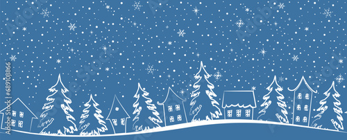 Winter background. Christmas village. Seamless border. White house silhouettes, fir trees, snowflakes on blue background. Vector illustration