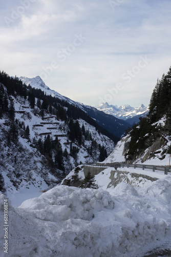 Panoramic view of the mountains. Winter mountain with white snow peak in France.  © Strikernia