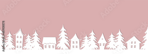 Winter village. Christmas background. Seamless border. Fairy tale winter landscape. Paper cut effect. White houses and fir trees on pink background. Vector illustration