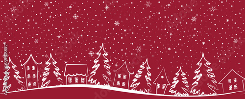 Winter background. Christmas village. Seamless border. Fairy tale winter landscape. White house silhouettes, fir trees, snowflakes on red background. Greeting card template. Vector illustration