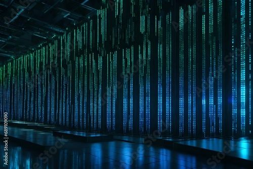 A matrix of server towers with cascading digital streams, creating a mesmerizing visual display in the midst of a sophisticated data processing environment. © Sumia