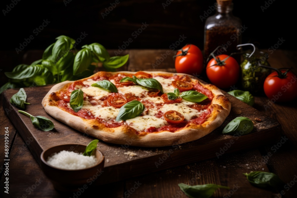 A delicious homemade pizza with fresh mozzarella and basil, served on a vintage wooden table