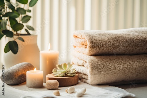 Fototapeta Naklejka Na Ścianę i Meble -  Towel on fern with candles and black hot stone on wooden background. Beauty spa