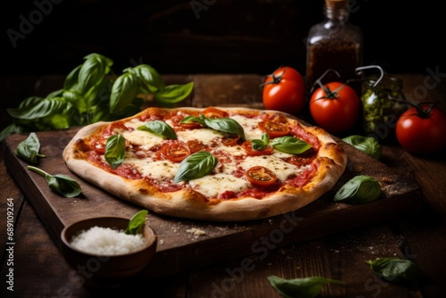 A delicious homemade pizza with fresh mozzarella and basil, served on a vintage wooden table