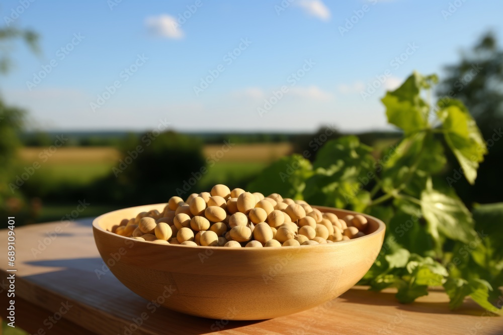 A rustic presentation of fresh soybeans against the serene backdrop of a thriving soybean farm under a clear sky