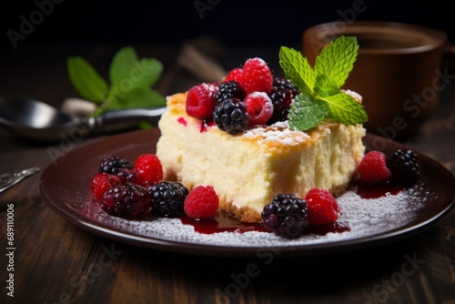 Delicious homemade Polish Sernik cheesecake, adorned with a dusting of powdered sugar and fresh berries