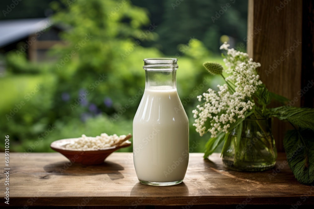 A bottle of freshly-extracted moose milk nestled among the verdant flora of Alaska's wild landscape A bottle of freshly-extracted moose milk nestled among the verdant flora of Alaska's wild landscape