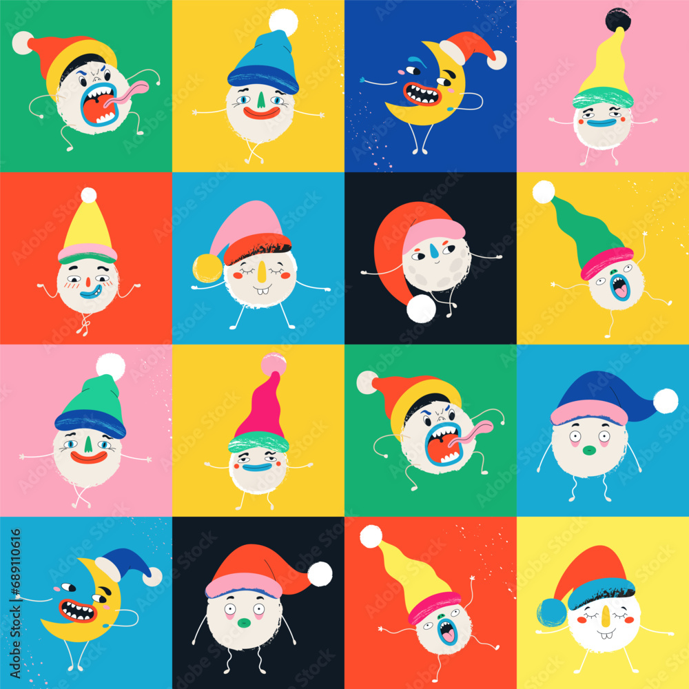 Funny snowballs in Christmas hats in retro style. Seamless pattern. Template for card, poster, banner, paper, fabric, textile. Vector illustration in modern style.
