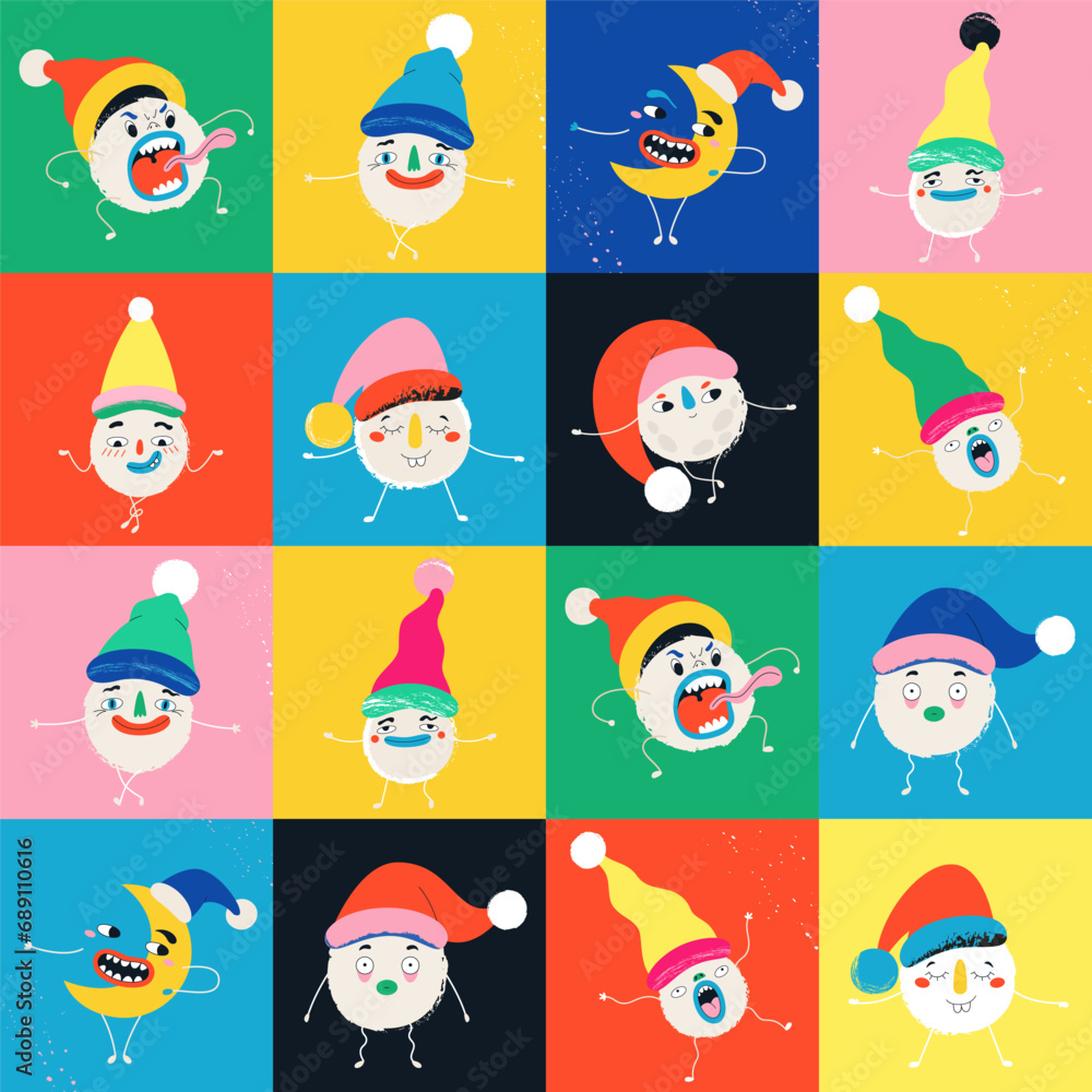 Fototapeta premium Funny snowballs in Christmas hats in retro style. Seamless pattern. Template for card, poster, banner, paper, fabric, textile. Vector illustration in modern style.