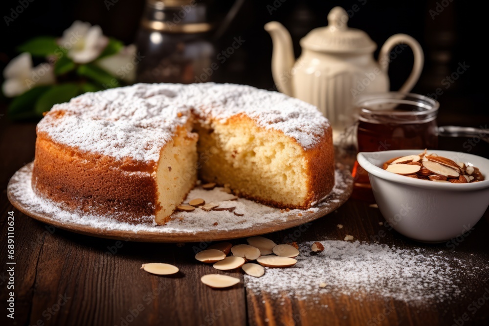 Delicious Parrozzo cake, a specialty from the Abruzzo region in Italy, served on a vintage wooden table with a hot espresso