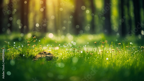 Morning dew on the grass in the forest. Spring nature background. Green spring forest with sunlight and bokeh. Nature background. Beautiful green moss in the forest. Sunlight in the forest. 