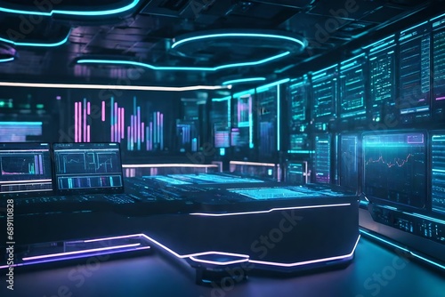 Futuristic SEO control center with holographic displays.