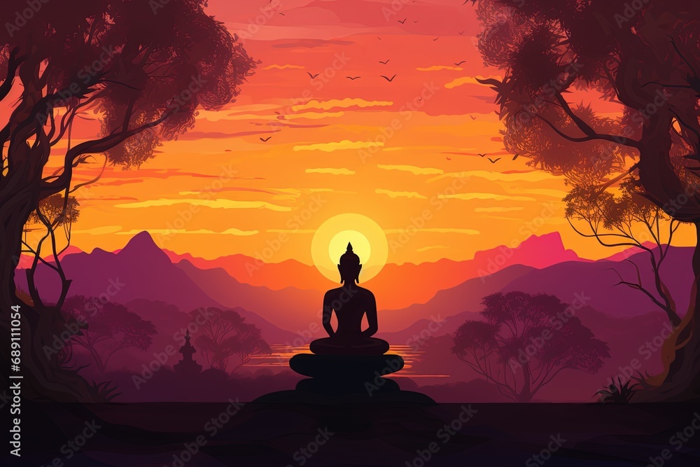 Buddha statue with sunset in the background - obrazy, fototapety, plakaty 