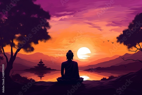 Buddha statue with sunset in the background