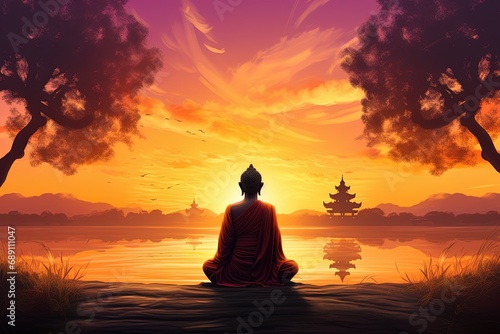 Buddha statue with sunset in the background © Rudsaphon