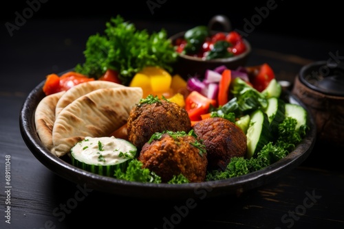 An appetizing display of homemade falafel with fresh veggies and creamy tahini sauce on a vintage wooden table