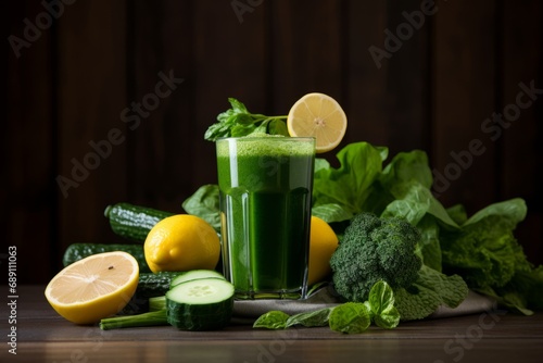 A refreshing detox smoothie made from fresh spinach, cucumber, apple, and lemon, served in a glass on a rustic table