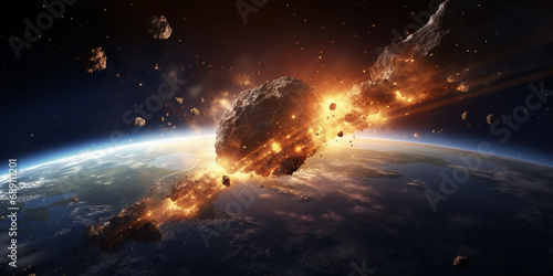 Cataclysmic scene of a massive meteorite entering Earth's atmosphere, with fiery debris and intense heat, depicting a powerful cosmic event. photo