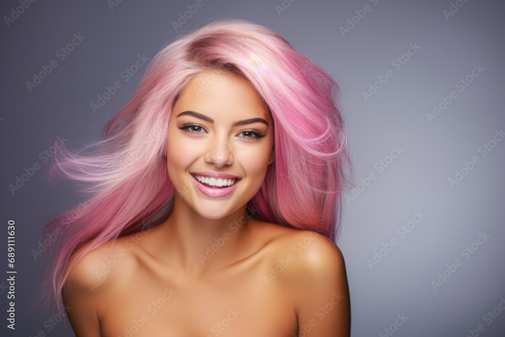 smiling beautiful very cute face of fit vibrant pink hair