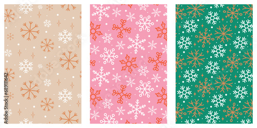 Christmas snowflakes seamless pattern set. White red and golden snowflakes on beige pink and green background. Beautful modern winter holiday design. Vector illustration.