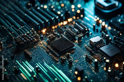 Close-up view of a modern motherboard, capturing the sleek design and intricate arrangement of electronic components, with a backdrop of soft LED lights. photo