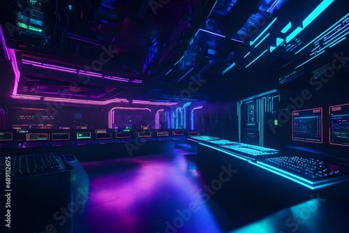 A hidden cyberpunk cave  illuminated by the glow of holographic screens as a hacker delves into the digital abyss.