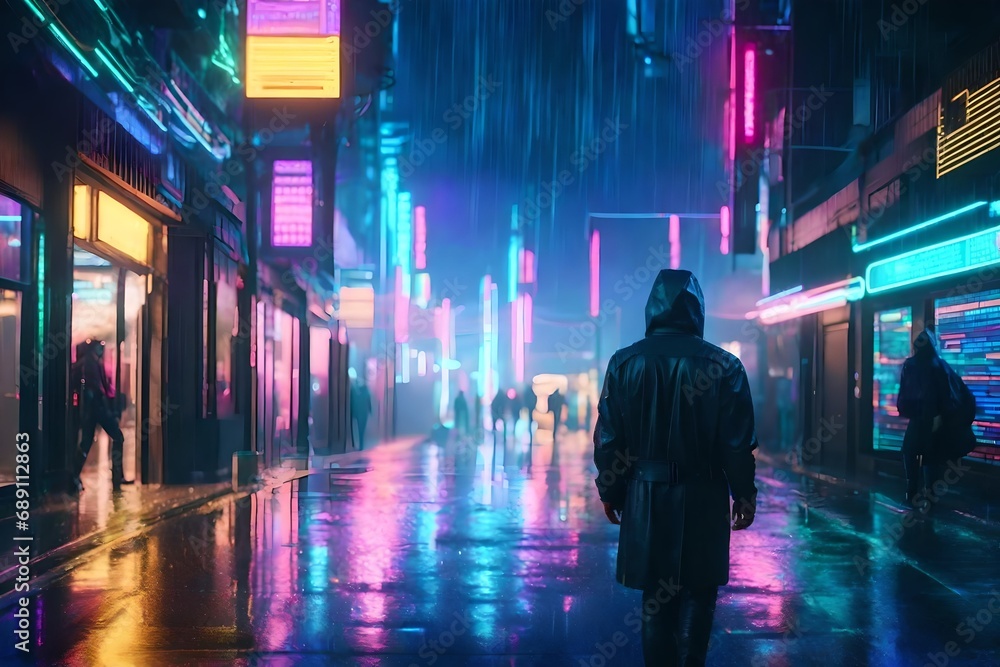 A rainy cyberpunk street, with holographic interfaces projecting digital information as a hacker navigates the virtual realm.