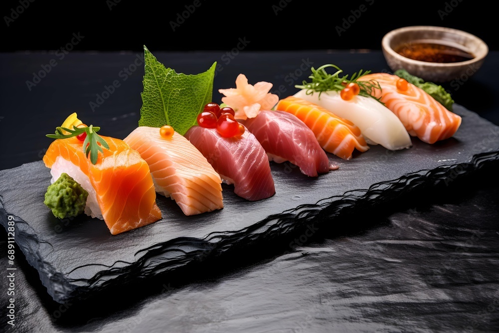 Sushi Set sashimi and sushi rolls served on stone slate. Generative AI Sushi Set sashimi and sushi rolls served on stone slate. Generative AI