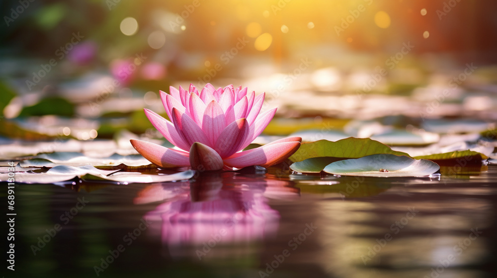 Pojedynczy kwiat lotosu na spokojnej tafli wody