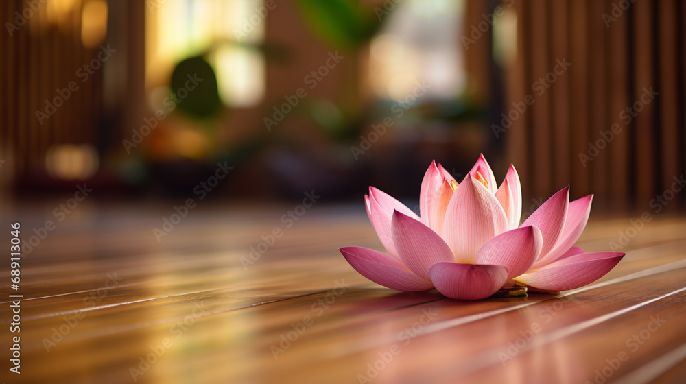 Kwiat lotosu na drewnianej podłodze w salce do jogi, relaksu i treningu - obrazy, fototapety, plakaty 