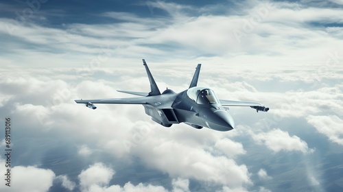 single Military plane in the sky. Grey modern warplane flying in the sky. Generative AI