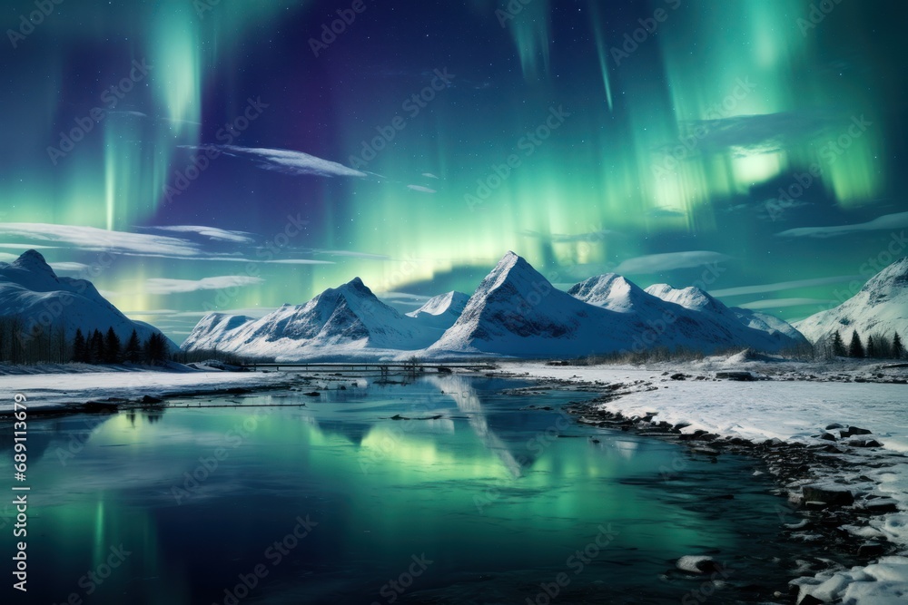 Aurora borealis on the . Green northern lights above mountains. Night sky with polar lights. Night winter landscape with aurora and reflection on the water surface. Natural back