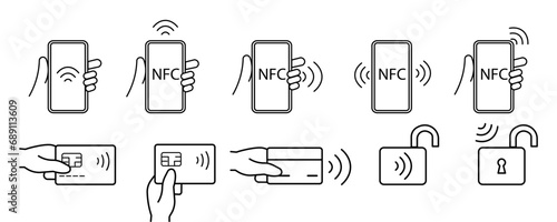 NFC payment with smartphone and credit card set of NFC payment icons. nfc technology icons collection. NFC contactless payment sign. Vector linear icons on a white background. eps 10