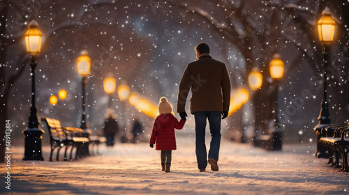 Back view of father walking with little daughter in snowy park at night